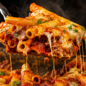 A serving of baked ziti with ricotta is lifted from a casserole dish, showing melted cheese, pasta, and meat sauce with steam rising and garnished with parsley.