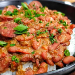 A black bowl filled with white rice topped with red beans, sliced sausage, and garnished with chopped green onions and parsley&mdash;a classic red beans and rice recipe served on a wooden surface.