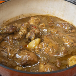 A close-up of a red Dutch oven filled with a mouthwatering chicken stew recipe&mdash;braised chicken, potatoes, and vegetables simmer in a rich, brown, seasoned sauce on the stovetop.