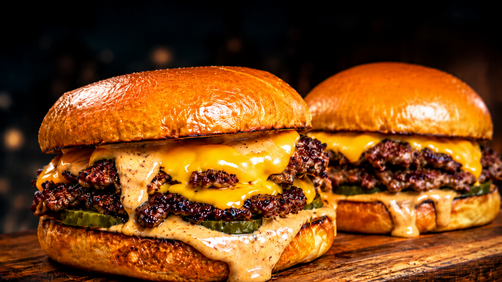 Two juicy smashburgers with melted cheese, smashburger sauce dripping down the sides, pickles, and toasted buns, placed on a wooden surface against a dark background.
