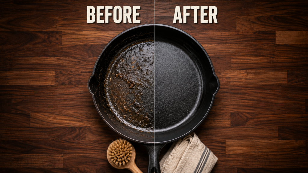 A cast iron skillet shown top-down, divided in half; the left side is dirty and rusted, labeled Before, and the right side is clean and seasoned, labeled After. A scrub brush and a striped towel are placed nearby, demonstrating How to Clean and Care for Your Cast Iron Skillet.