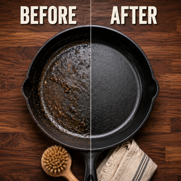 A cast iron skillet shown top-down, divided in half; the left side is dirty and rusted, labeled Before, and the right side is clean and seasoned, labeled After. A scrub brush and a striped towel are placed nearby, demonstrating How to Clean and Care for Your Cast Iron Skillet.