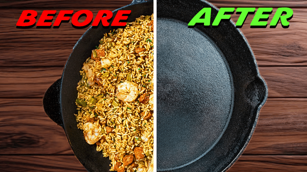 Clean cast iron skillet being wiped with a towel after seasoning, from Smokin’ & Grillin’ with AB’s guide on how to clean and season cast iron.
