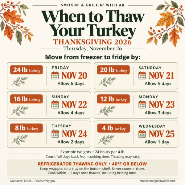 2026 Thanksgiving turkey refrigerator thawing chart: 24 lb starts November 20; 20 lb November 21; 16 lb November 22; 12 lb November 23; 8 lb November 24; 4 lb November 25, for cooking November 26.