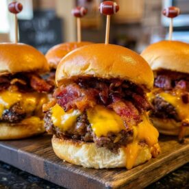 Four burger sliders topped with melted cheddar cheese and crispy bacon are arranged on a wooden board, each skewered with a decorative football-themed toothpick.