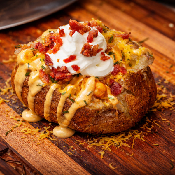 A Cajun baked potato topped with melted cheese, chopped bacon, sour cream, and creamy sauce, served on a wooden board with shredded cheese scattered around.