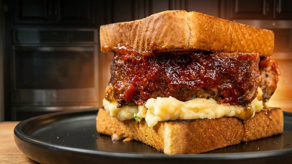 A thick slice of classic style meatloaf with ketchup glaze and mashed potatoes is sandwiched between toasted bread, served on a black plate with a kitchen background.