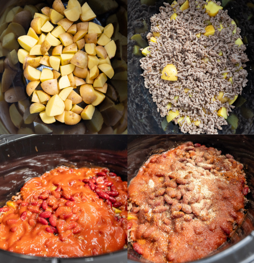 A four-panel image shows the steps of making Crockpot Ground Beef Potato Casserole: chopped potatoes, ground beef with potatoes, kidney beans and tomato sauce added, and finally spices sprinkled on top.