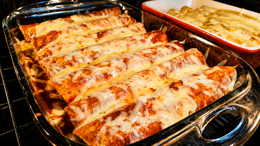 A glass baking dish filled with cheesy chicken enchiladas covered in melted cheese and red sauce sits in an oven next to another dish with a layered baked entrée.