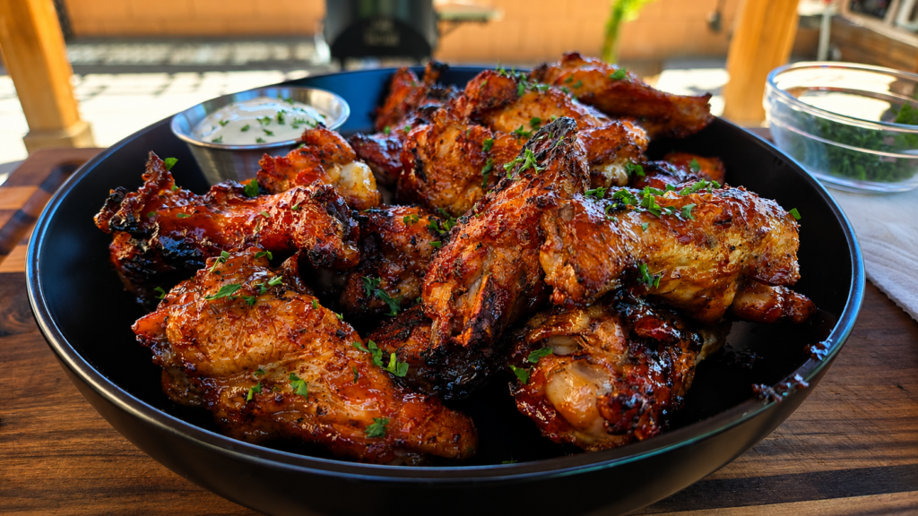 A black bowl filled with crispy, grilled chicken wings garnished with chopped herbs, served with a small bowl of dipping sauce on a wooden table outdoors.
