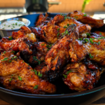 A black bowl filled with crispy, grilled chicken wings garnished with chopped herbs, served with a small bowl of dipping sauce on a wooden table outdoors.