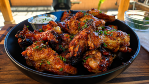 A black bowl filled with crispy, grilled chicken wings garnished with chopped herbs, served with a small bowl of dipping sauce on a wooden table outdoors.