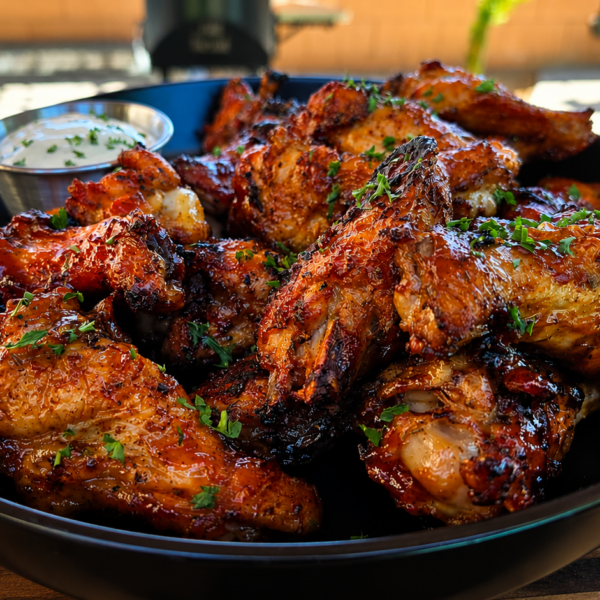 A black bowl filled with crispy, grilled chicken wings garnished with chopped herbs, served with a small bowl of dipping sauce on a wooden table outdoors.