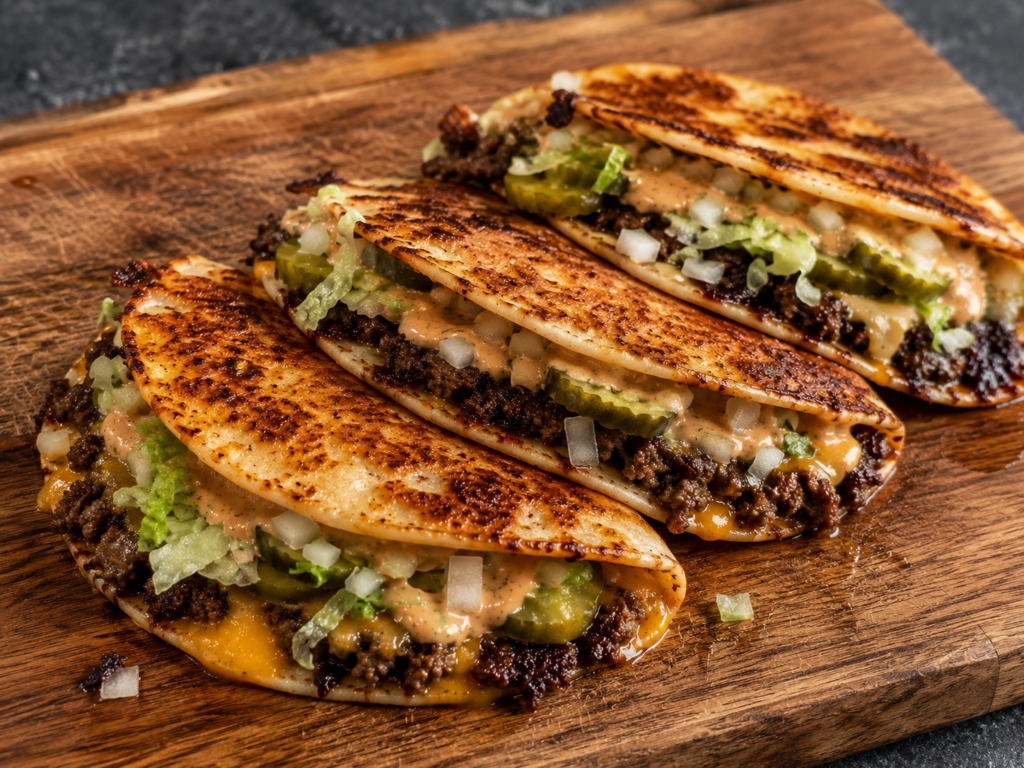 Three cheesy ground beef tacos with lettuce, chopped onions, pickles, and sauce are arranged in a row on a wooden cutting board. The taco shells are golden and slightly crispy.