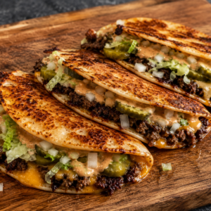 Three cheesy ground beef tacos with lettuce, chopped onions, pickles, and sauce are arranged in a row on a wooden cutting board. The taco shells are golden and slightly crispy.