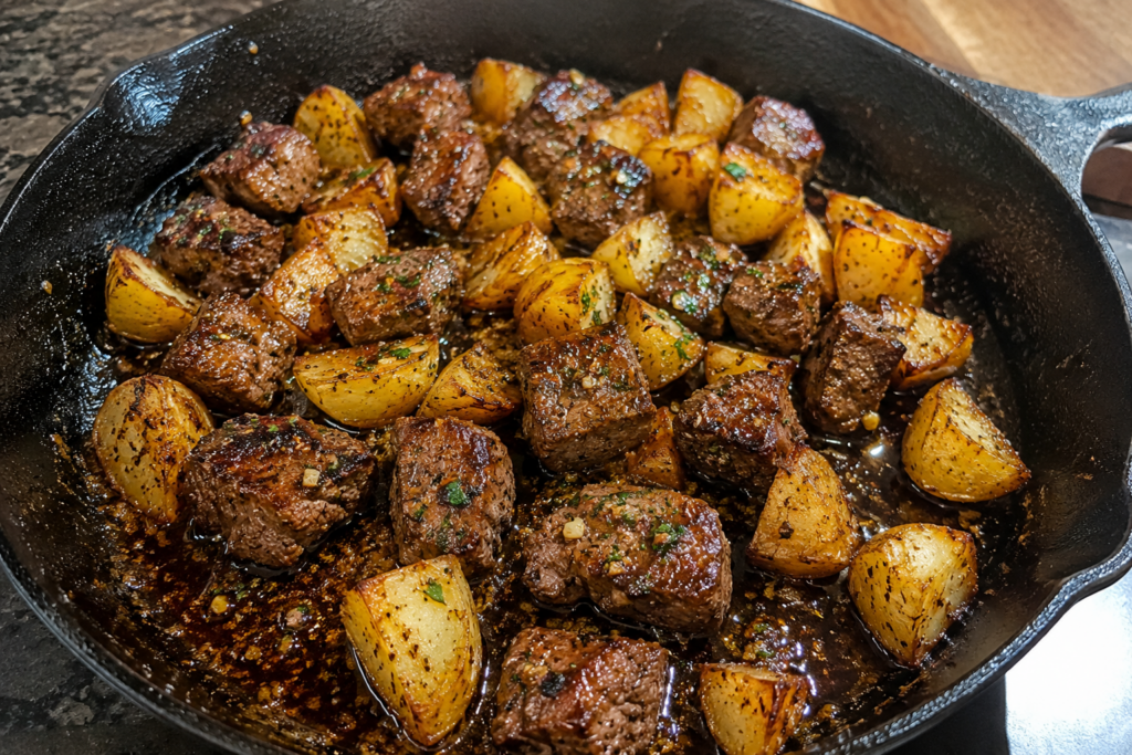 A cast iron skillet filled with browned steak bites and golden roasted potato chunks, seasoned with herbs and spices, sitting on a dark countertop.