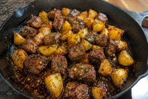 A cast iron skillet filled with browned steak bites and golden roasted potato chunks, seasoned with herbs and spices, sitting on a dark countertop.