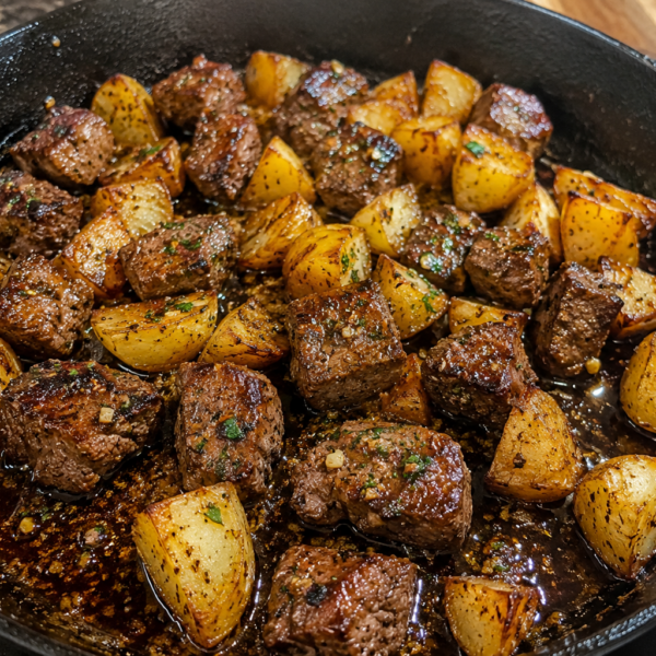 A cast iron skillet filled with browned steak bites and golden roasted potato chunks, seasoned with herbs and spices, sitting on a dark countertop.