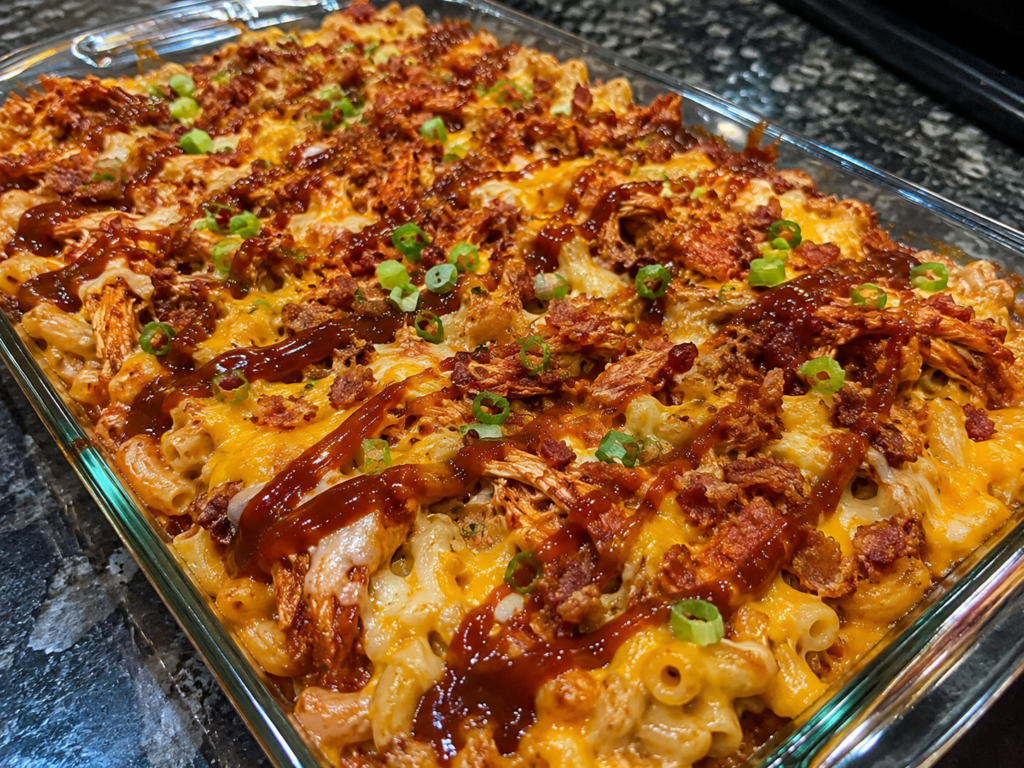 A glass baking dish filled with cheesy macaroni and shredded chicken, topped with barbecue sauce, crispy bacon bits, and chopped green onions on a dark granite counter.