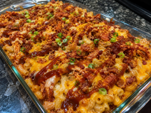 A glass baking dish filled with cheesy macaroni and shredded chicken, topped with barbecue sauce, crispy bacon bits, and chopped green onions on a dark granite counter.