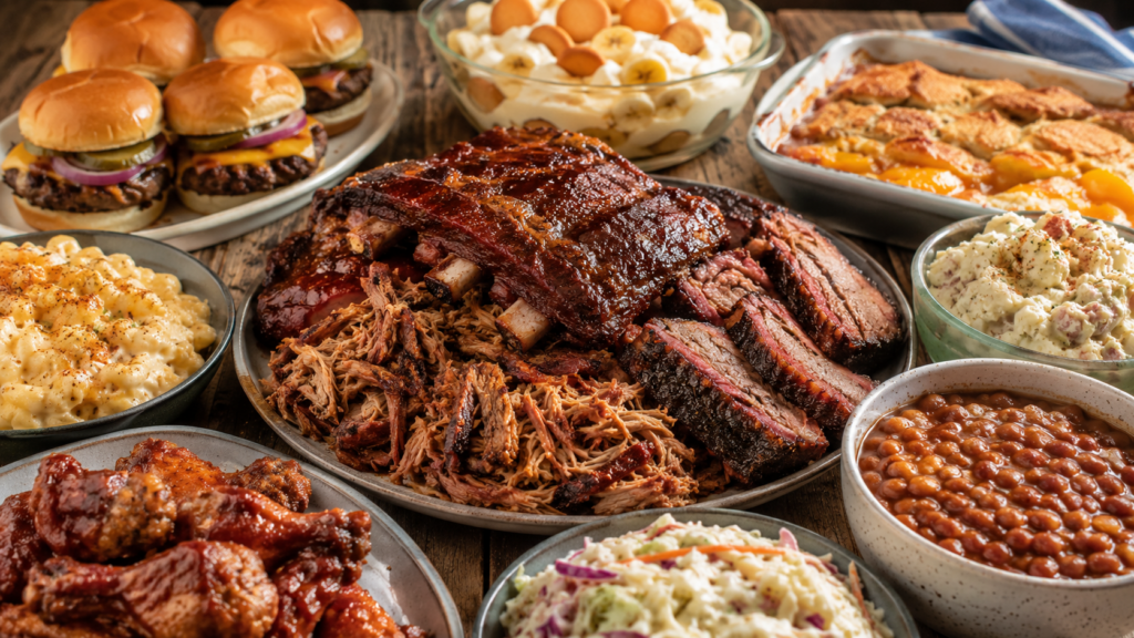 A table filled with barbecue foods perfect for a Memorial Day cookout, including ribs, pulled pork, smoked brisket, sliders, baked beans, potato salad, coleslaw, mac and cheese, chicken wings, banana pudding, and peach cobbler.