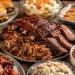 A table filled with barbecue foods perfect for a Memorial Day cookout, including ribs, pulled pork, smoked brisket, sliders, baked beans, potato salad, coleslaw, mac and cheese, chicken wings, banana pudding, and peach cobbler.