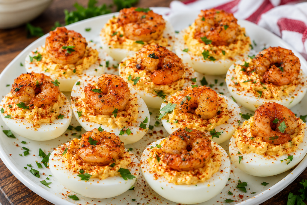A plate of deviled eggs topped with seasoned shrimp, sprinkled with paprika and chopped parsley, arranged neatly on a white platter.