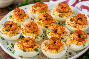 A plate of deviled eggs topped with seasoned shrimp, sprinkled with paprika and chopped parsley, arranged neatly on a white platter.