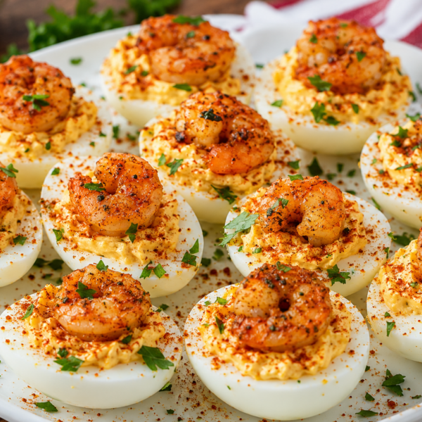 A plate of deviled eggs topped with seasoned shrimp, sprinkled with paprika and chopped parsley, arranged neatly on a white platter.