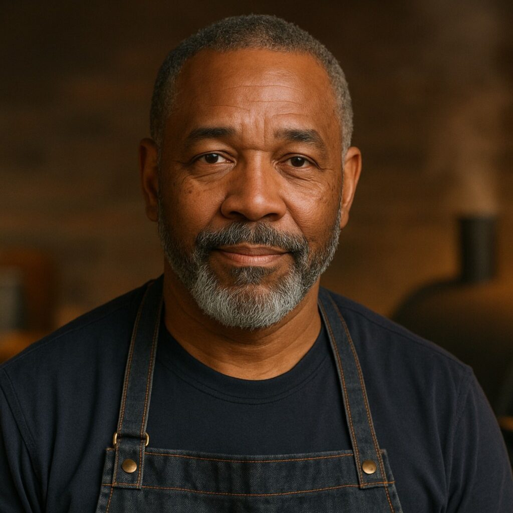 A middle-aged man with short gray hair and a beard, wearing a dark T-shirt and denim apron, stands indoors against a blurred brown background, calmly looking at the camera&mdash;capturing the spirit of Smokin and Grillin with AB.