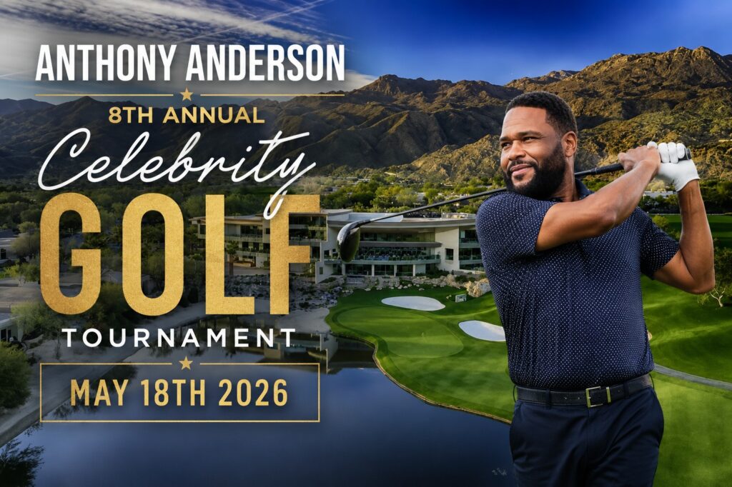 Anthony Anderson swings a golf club on a course with mountains in the background. Text reads: 8th Annual Celebrity Golf Tournament, May 18th 2026.