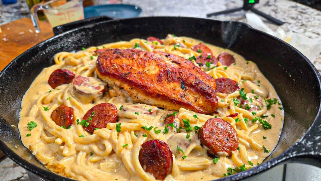 A skillet filled with creamy chicken sausage alfredo pasta, topped with a seared chicken breast, mushrooms, and garnished with chopped parsley.