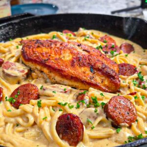 A skillet filled with creamy chicken sausage alfredo pasta, topped with a seared chicken breast, mushrooms, and garnished with chopped parsley.