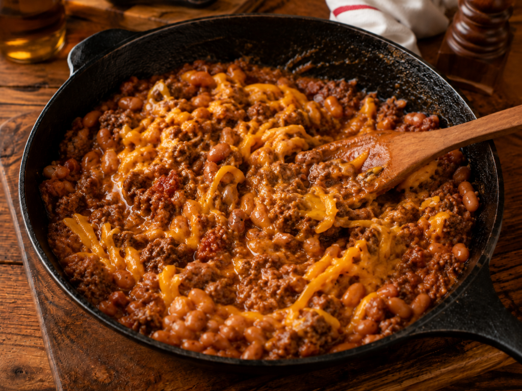 A close-up of a cast iron skillet filled with chili, featuring ground beef, beans, tomato sauce, cheddar cheese, and hints of bbq baked bean dip, with a wooden spoon stirring the mixture on a wooden table.