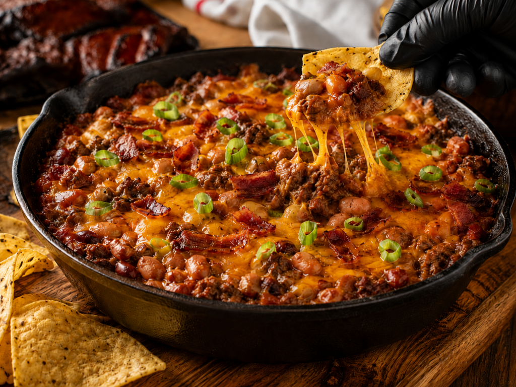 A skillet filled with cheesy bbq baked bean dip topped with ground meat, bacon, and sliced green onions. A gloved hand lifts a tortilla chip dripping with melted cheese from the dip, while more chips are scattered nearby.