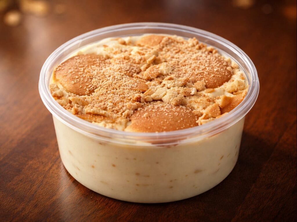 A clear plastic container filled with creamy banana pudding, topped with whole and crushed vanilla wafer cookies, sits on a wooden surface&mdash;just one of the sweet treats available at AB&rsquo;s BBQ Fusion food trailer.