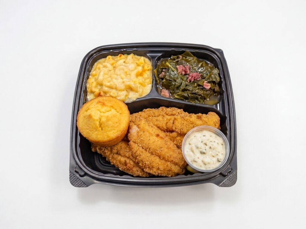 A takeout tray from AB&rsquo;s BBQ Fusion food trailer features fried fish fillets, tartar sauce, macaroni and cheese, collard greens with bacon, and a cornbread muffin on a white background.