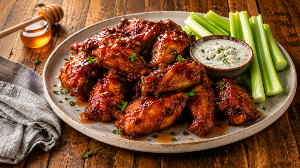 A plate of hot honey bbq wings glazed to perfection and garnished with herbs, served with celery sticks and a bowl of blue cheese dipping sauce on a wooden table. A honey dipper and jar of honey are in the background.