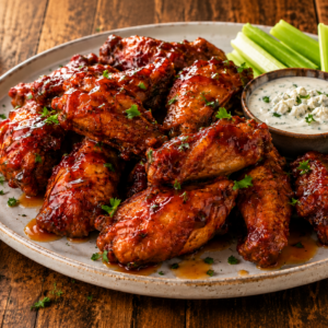 A plate of hot honey bbq wings glazed to perfection and garnished with herbs, served with celery sticks and a bowl of blue cheese dipping sauce on a wooden table. A honey dipper and jar of honey are in the background.