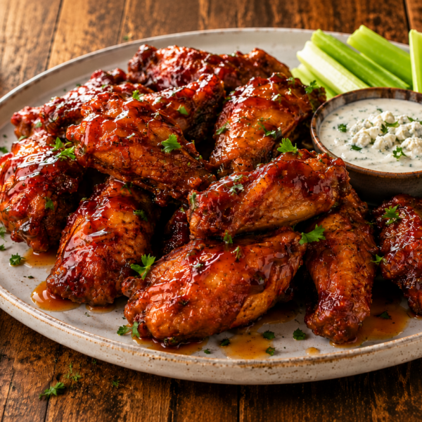 A plate of hot honey bbq wings glazed to perfection and garnished with herbs, served with celery sticks and a bowl of blue cheese dipping sauce on a wooden table. A honey dipper and jar of honey are in the background.