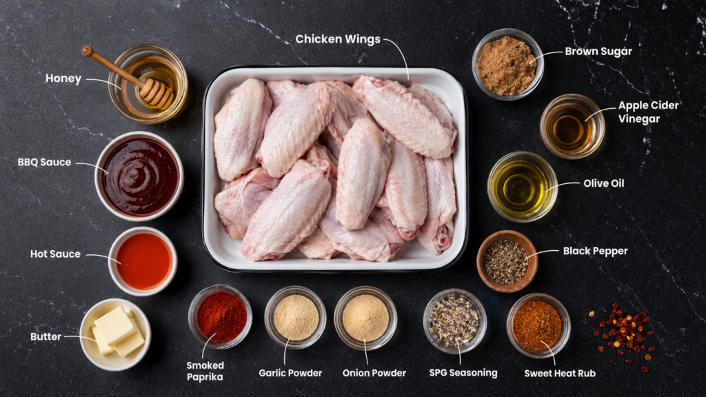 Top-down view of raw chicken wings in a tray, surrounded by labeled bowls of brown sugar, apple cider vinegar, olive oil, black pepper, seasonings, sauces, spices, butter, and honey—a perfect setup for making hot honey BBQ wings.