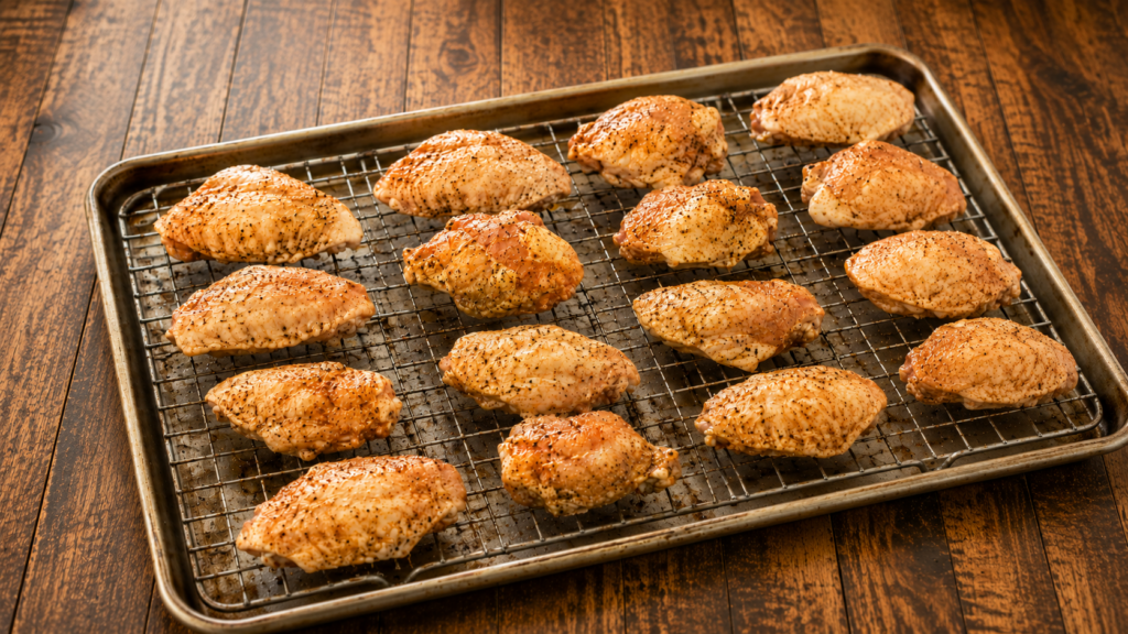 Seasoned hot honey BBQ wings arranged in rows on a metal wire rack set over a baking sheet, ready to be cooked, all placed on a wooden surface.