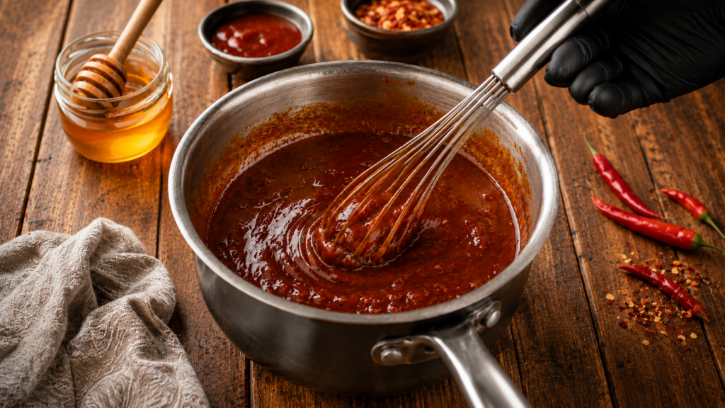A hand in a black glove whisks a thick, red sauce for hot honey BBQ wings in a saucepan on a wooden table, surrounded by honey, bowls of spices, chili peppers, and a beige cloth.