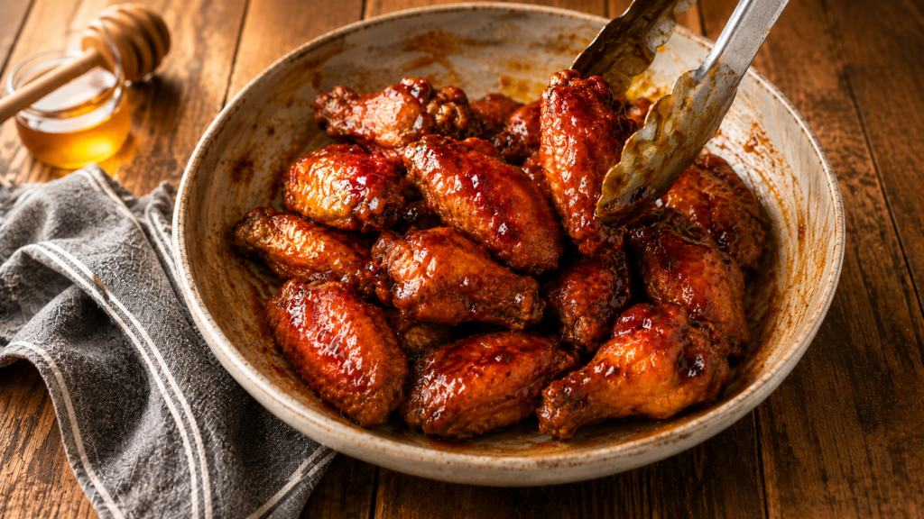 A bowl of hot honey BBQ wings sits on a wooden table, with metal tongs picking up one wing. A gray cloth napkin and a honey dipper with honey are beside the bowl. The wings look irresistibly crispy and saucy.