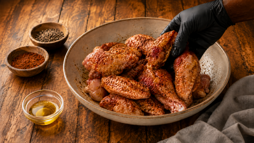 A hand in a black glove seasons raw chicken wings for hot honey BBQ wings in a large bowl. Surrounding the bowl are small dishes containing oil, black pepper, and red spice on a rustic wooden table.