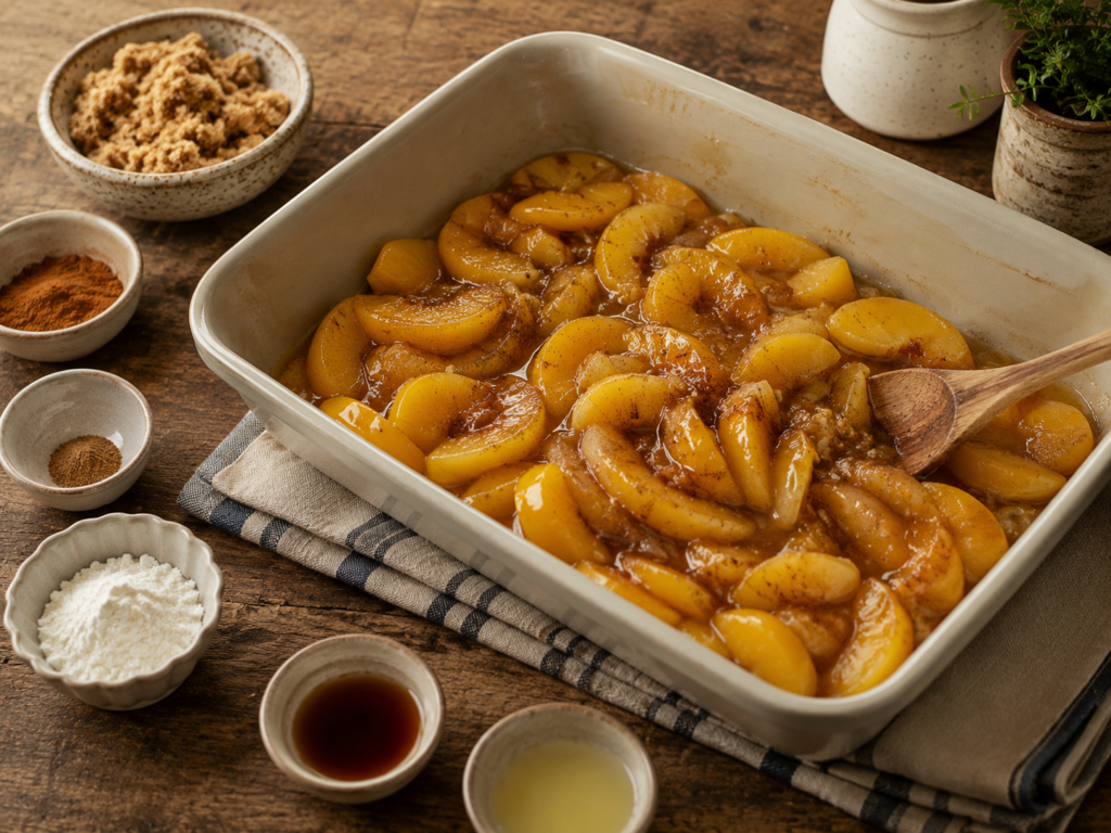 A baking dish filled with spiced, sliced apples being stirred with a wooden spoon, surrounded by bowls of brown sugar, cinnamon, spices, flour, vanilla, and lemon juice&mdash;perfect for whipping up a cozy peach cobbler cake.