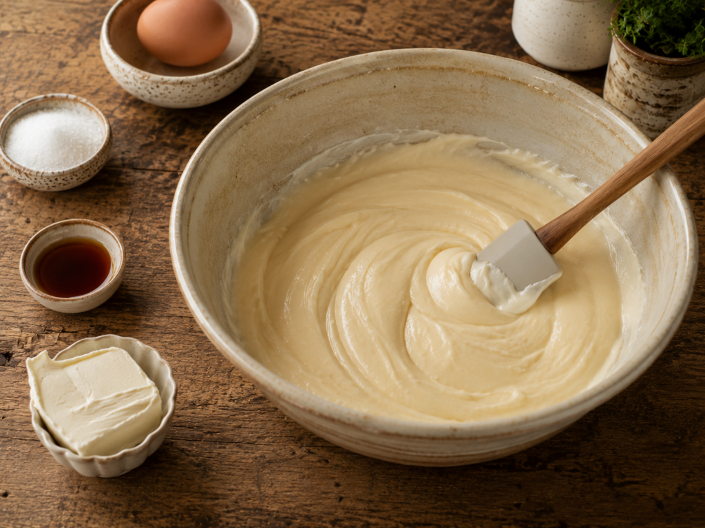 A mixing bowl filled with smooth peach cobbler cake batter and a spatula. Surrounding the bowl are small dishes containing an egg, sugar, vanilla extract, and cream cheese on a rustic wooden surface.