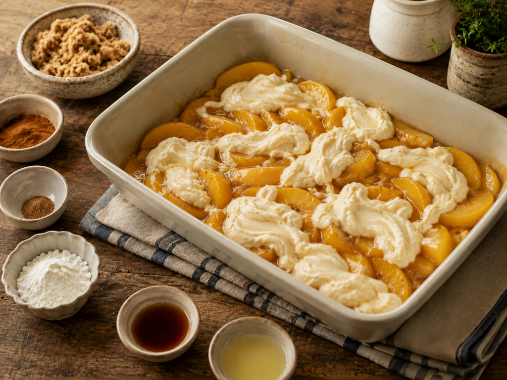 A baking dish of unbaked peach cobbler cake with dough on top sits on a towel; bowls of ingredients like brown sugar, cinnamon, flour, vanilla, and lemon juice are arranged around it on a wooden table.