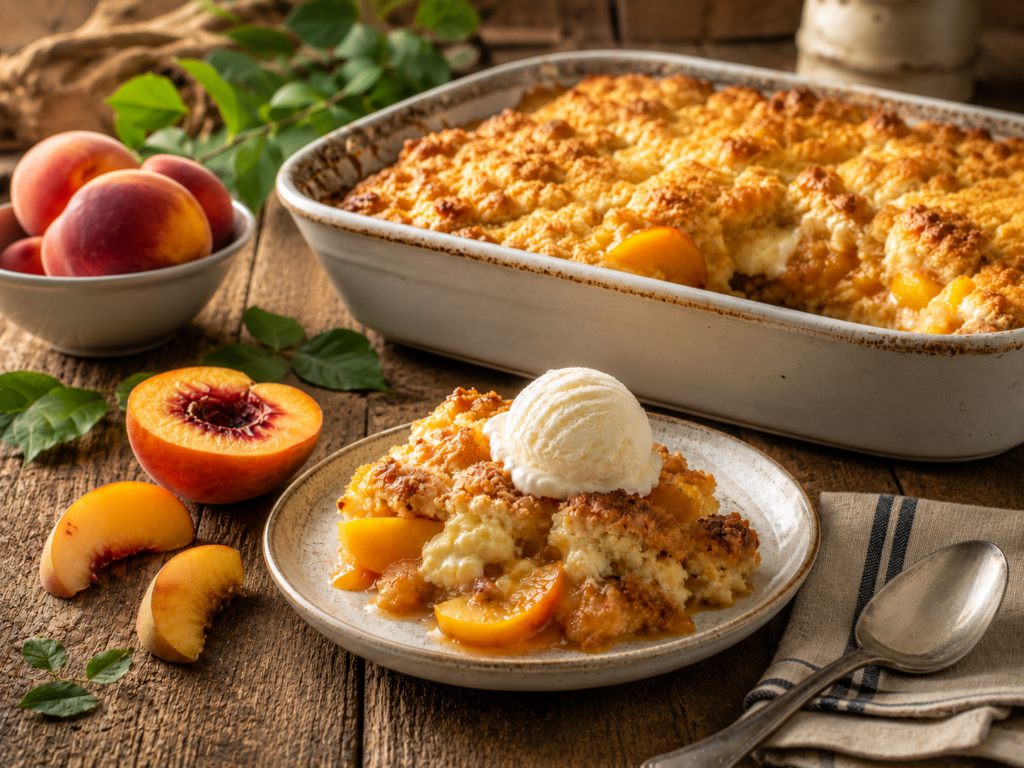 A plate of peach cobbler cake topped with a scoop of vanilla ice cream sits in front of a baking dish filled with more cobbler. Fresh peaches and green leaves are arranged on a rustic wooden table nearby.