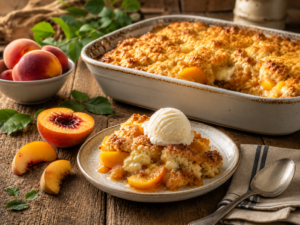 A plate of peach cobbler cake topped with a scoop of vanilla ice cream sits in front of a baking dish filled with more cobbler. Fresh peaches and green leaves are arranged on a rustic wooden table nearby.